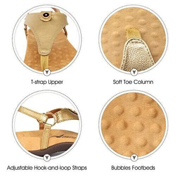 Athlefit Women's Comfortable Orthopedic Sandals Thong Dressy T-Strap SIZE 9 GOLD - Picture 14 of 15